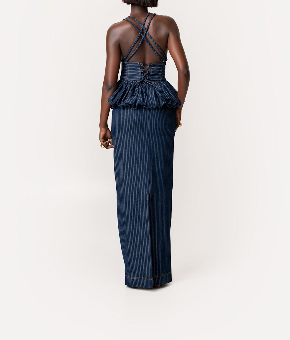 Denim Pinstripe Peplum Top And Skirt Set