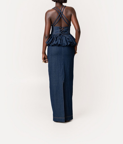 Denim Pinstripe Peplum Top And Skirt Set