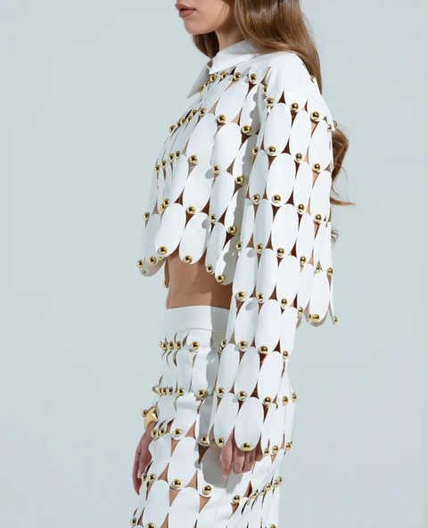 White Studded PU Crop Cardigan+ Skirt Set