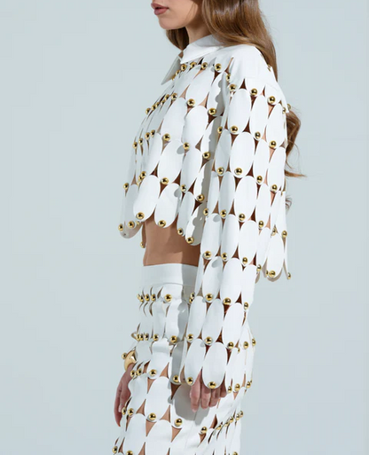 White Studded PU Crop Cardigan+ Skirt Set