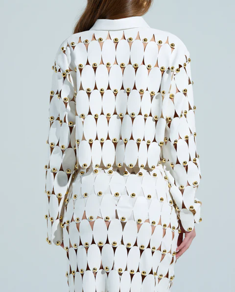 White Studded PU Crop Cardigan+ Skirt Set