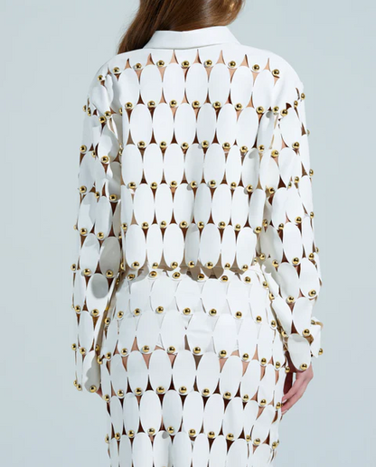 White Studded PU Crop Cardigan+ Skirt Set