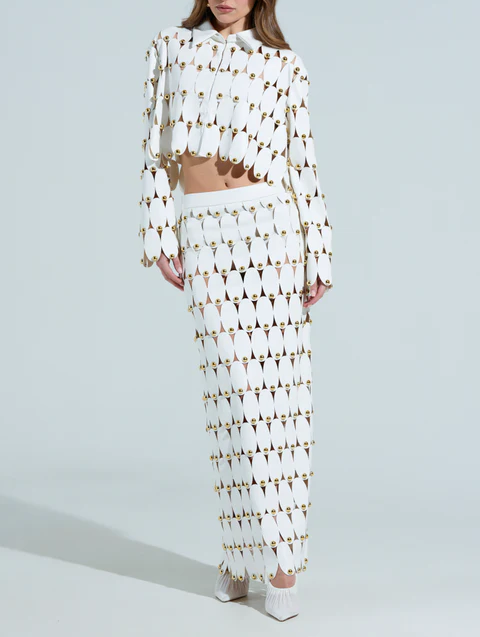 White Studded PU Crop Cardigan+ Skirt Set