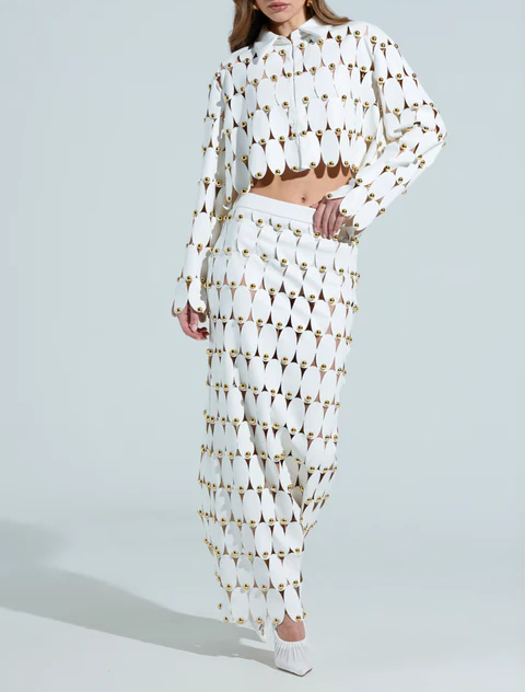 White Studded PU Crop Cardigan+ Skirt Set