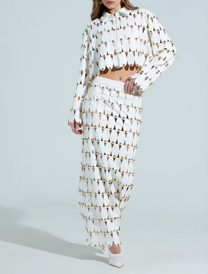 White Studded PU Crop Cardigan+ Skirt Set