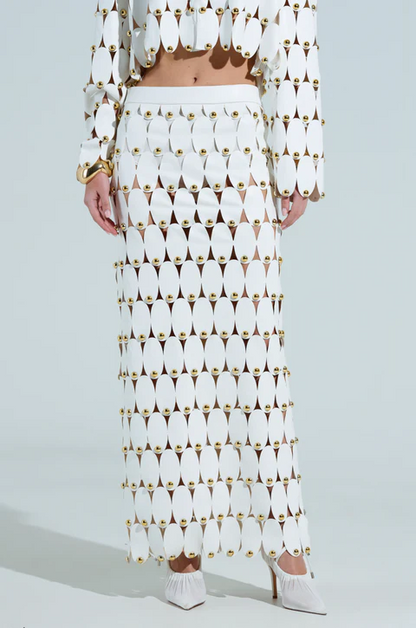 White Studded PU Crop Cardigan+ Skirt Set