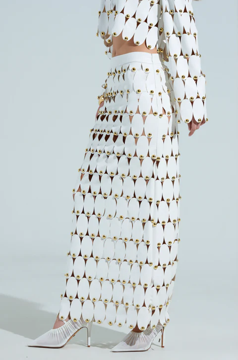 White Studded PU Crop Cardigan+ Skirt Set
