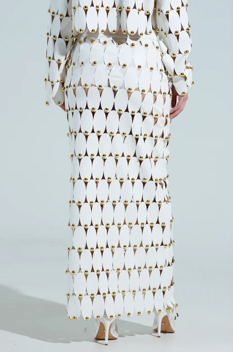 White Studded PU Crop Cardigan+ Skirt Set