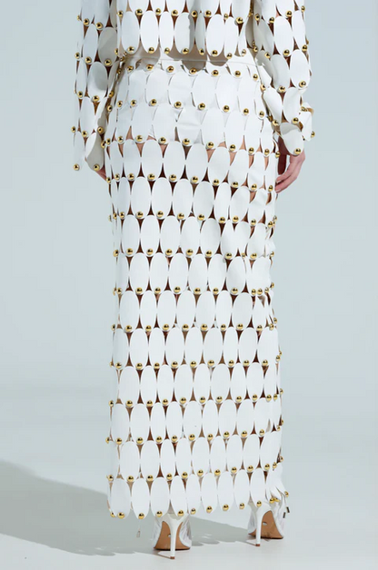 White Studded PU Crop Cardigan+ Skirt Set