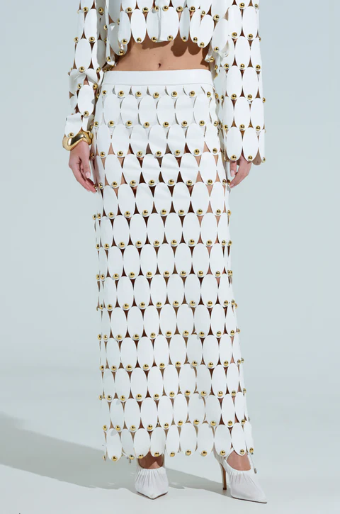 White Studded PU Crop Cardigan+ Skirt Set