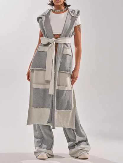 Gray patchwork duster vest+cotton raw hem paneled trousers