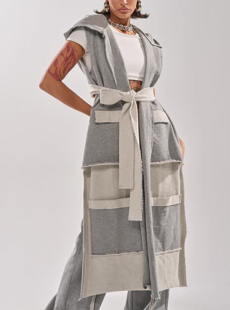 Gray patchwork duster vest+cotton raw hem paneled trousers