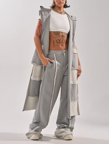 Gray patchwork duster vest+cotton raw hem paneled trousers