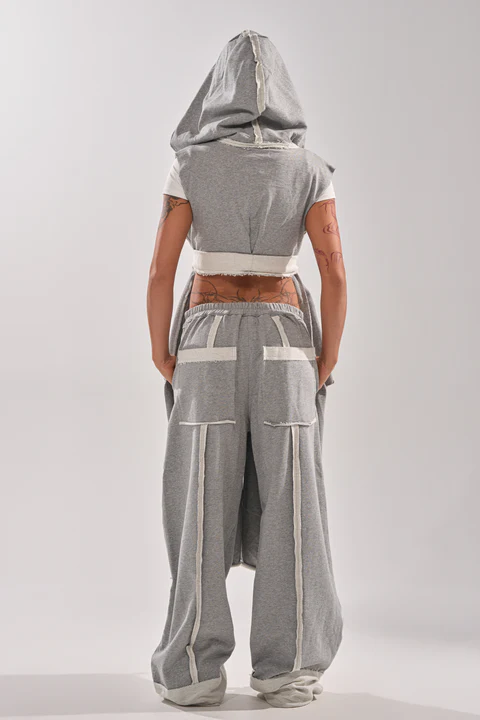 Gray patchwork duster vest+cotton raw hem paneled trousers