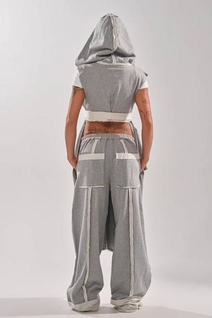 Gray patchwork duster vest+cotton raw hem paneled trousers