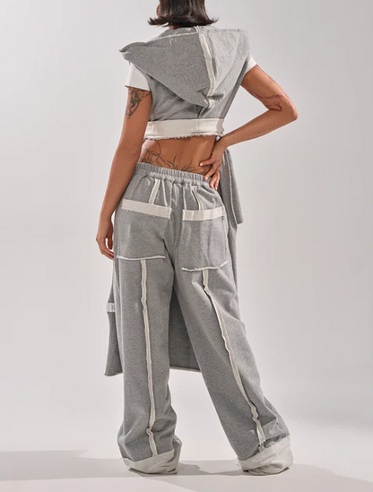 Gray patchwork duster vest+cotton raw hem paneled trousers