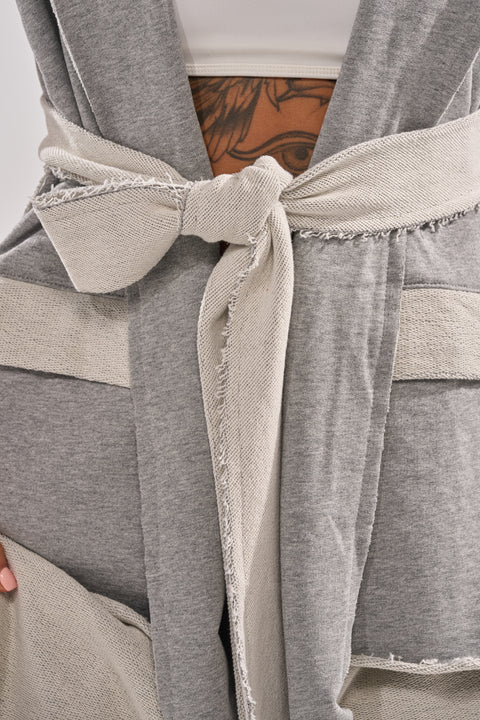 Gray patchwork duster vest+cotton raw hem paneled trousers