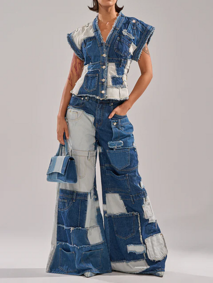 Denim Button Down+Wide Leg Denim Jeans