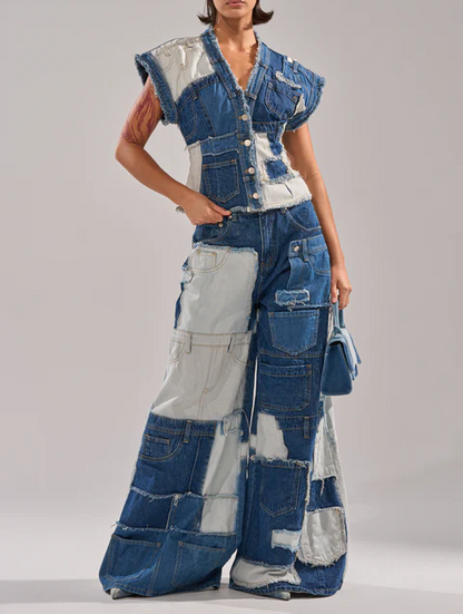 Denim Button Down+Wide Leg Denim Jeans