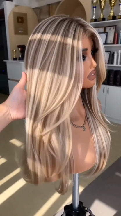 Warm Blonde Highlights Layered Straight Wig