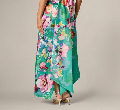 Floral Scarf Train Column Gown In Green Multi