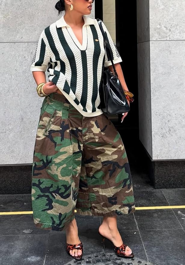 Camo Army Fatigue Wide Leg Harem Cropped Denim Pants