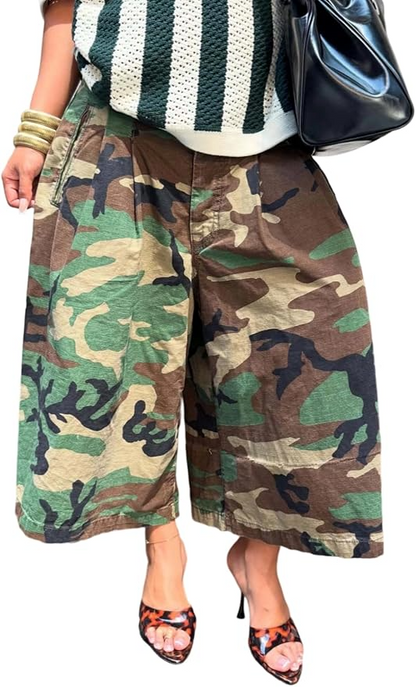 Camo Army Fatigue Wide Leg Harem Cropped Denim Pants