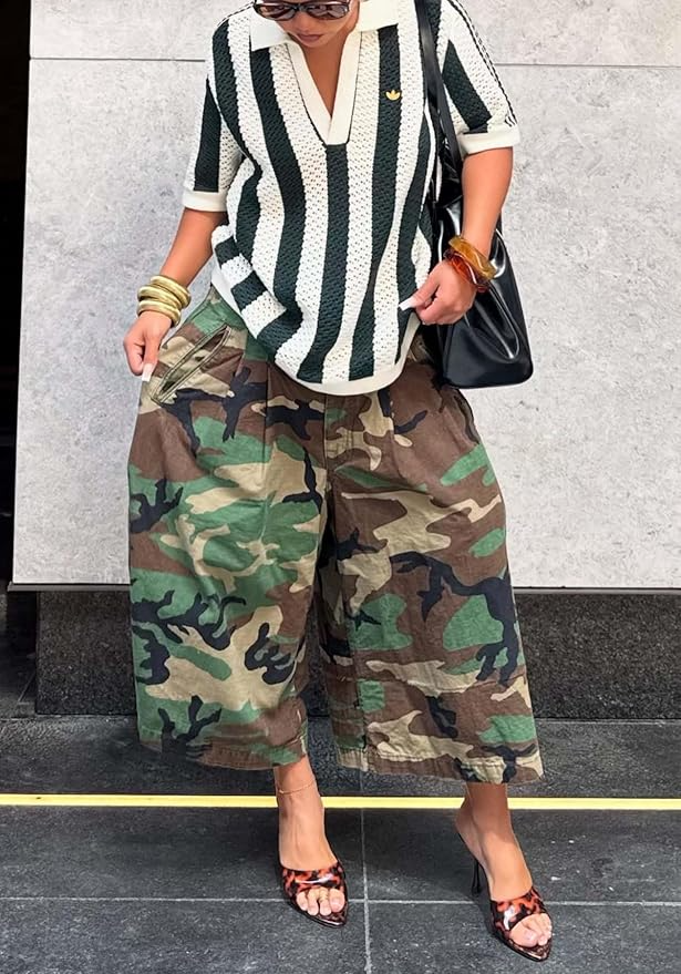 Camo Army Fatigue Wide Leg Harem Cropped Denim Pants