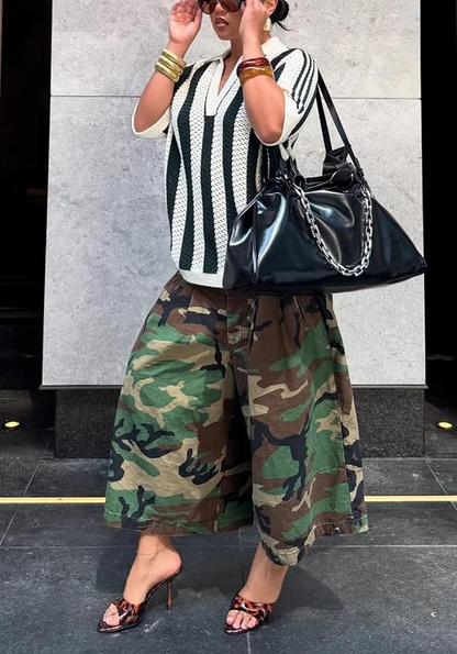 Camo Army Fatigue Wide Leg Harem Cropped Denim Pants