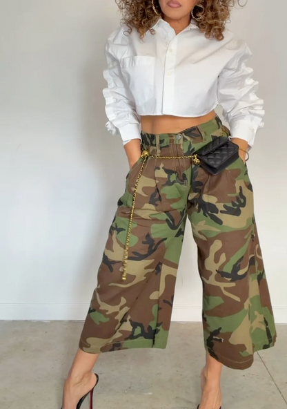 Camo Army Fatigue Wide Leg Harem Cropped Denim Pants
