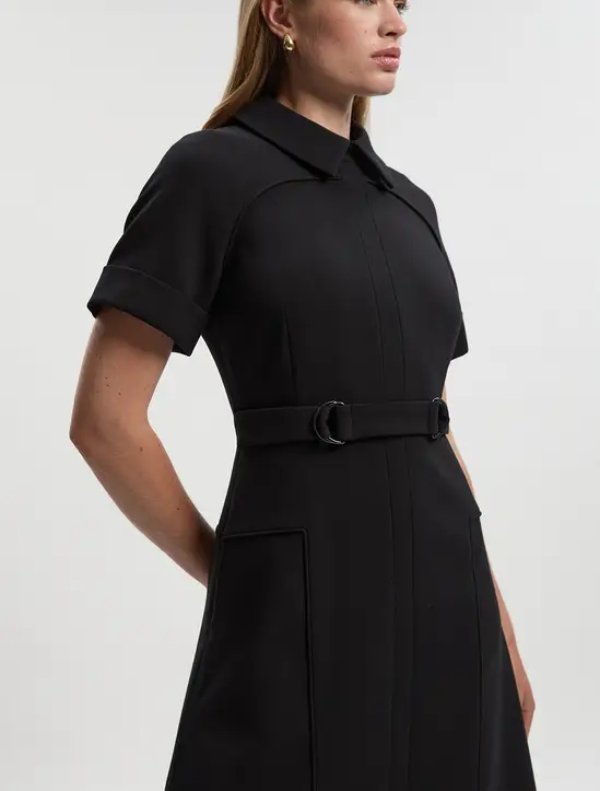 Compact Stretch Tab Detail Full-Skirted Midi Dress