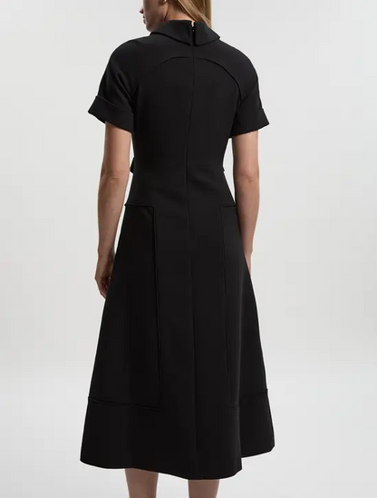 Compact Stretch Tab Detail Full-Skirted Midi Dress