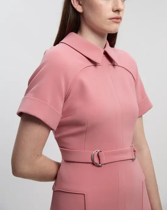 Compact Stretch Tab Detail Full-Skirted Midi Dress