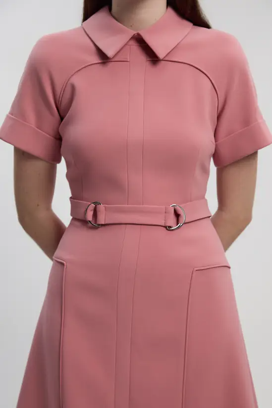 Compact Stretch Tab Detail Full-Skirted Midi Dress