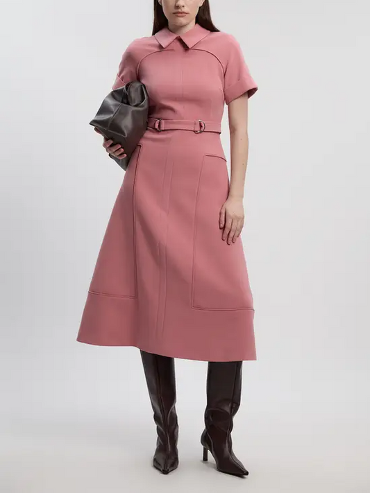 Compact Stretch Tab Detail Full-Skirted Midi Dress