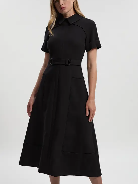 Compact Stretch Tab Detail Full-Skirted Midi Dress