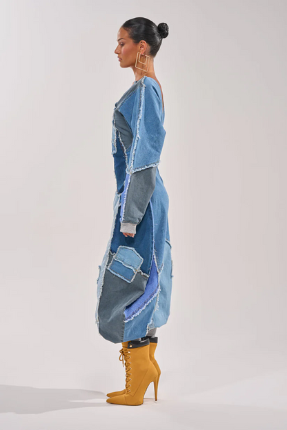 COMFY COZY JUMPSUIT IN DENIM PATCHWORK