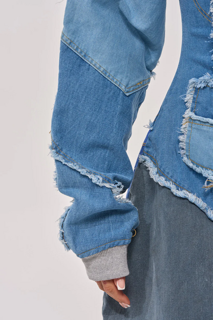 COMFY COZY JUMPSUIT IN DENIM PATCHWORK