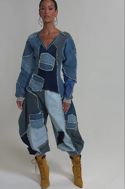 COMFY COZY JUMPSUIT IN DENIM PATCHWORK