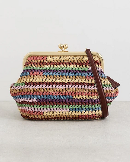 Rainbow Large Weave Straw Kisslock Frame Bag