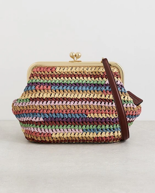 Rainbow Large Weave Straw Kisslock Frame Bag