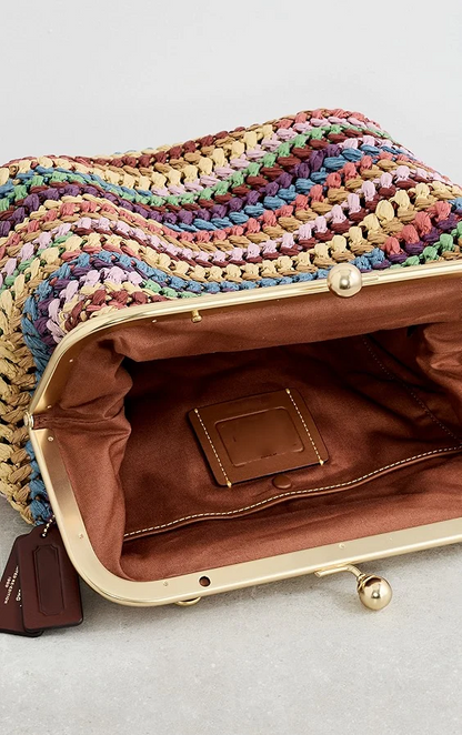 Rainbow Large Weave Straw Kisslock Frame Bag