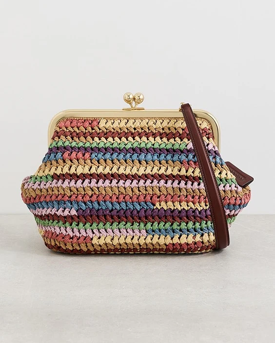 Rainbow Large Weave Straw Kisslock Frame Bag