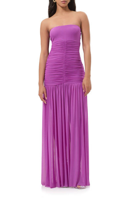 Polka Dot Ruched Strapless Maxi Dress