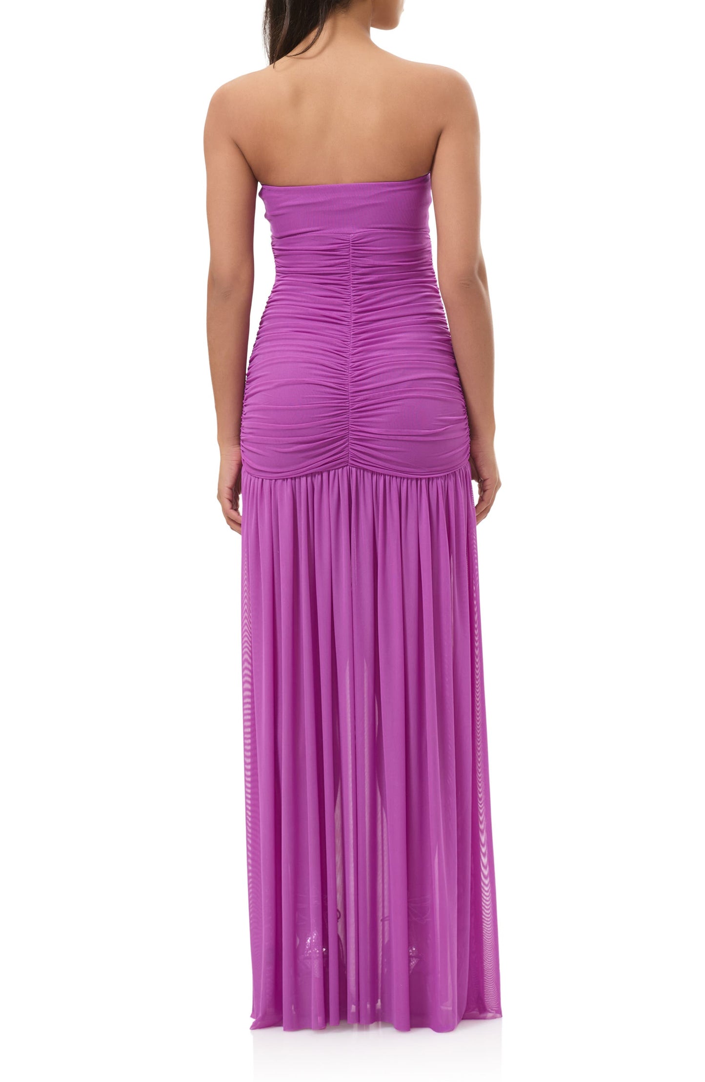 Polka Dot Ruched Strapless Maxi Dress