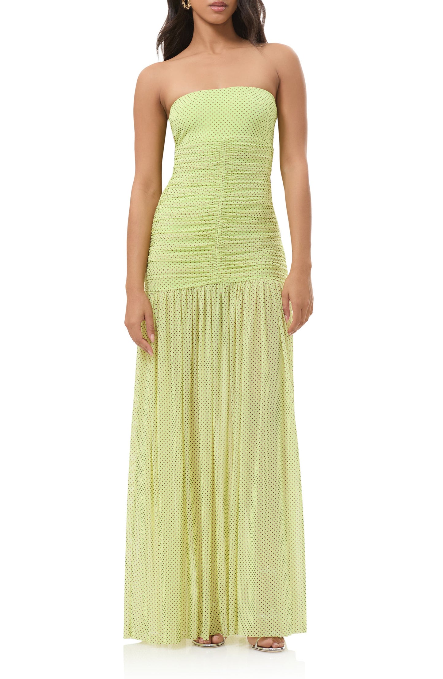Polka Dot Ruched Strapless Maxi Dress