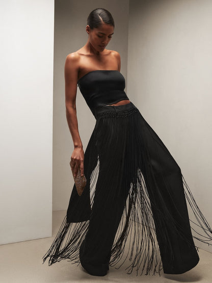 Draped Bonded-Crepe Top+Tassel Trousers