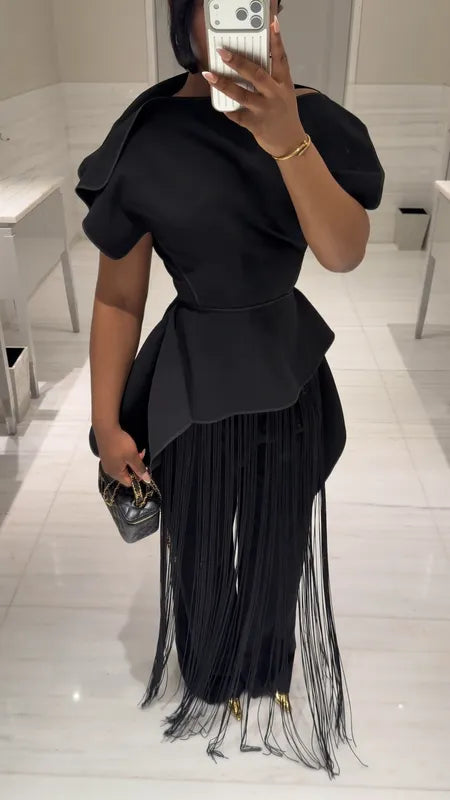 Draped Bonded-Crepe Top+Tassel Trousers