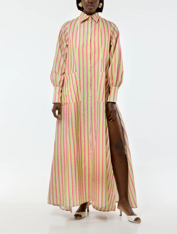 Multicolored Diamond-Print Bell-Sleeve Shirt Dress