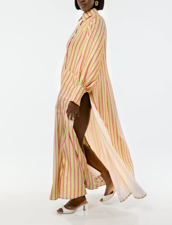 Multicolored Diamond-Print Bell-Sleeve Shirt Dress